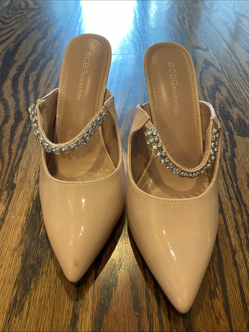 BCBGeneration Nude Patent Pointed-Toe Mules with Crystal Strap